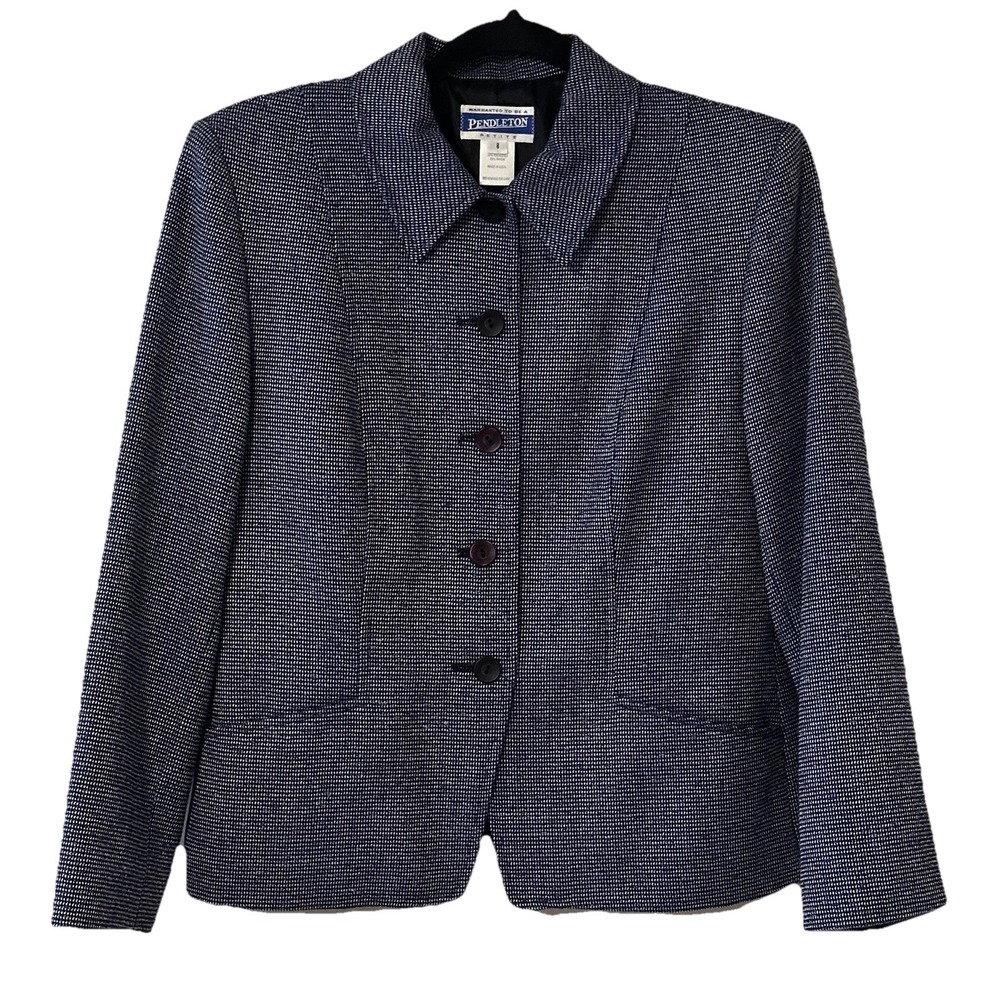 Vtg Pendleton Blue Wool Blend Tweed Blazer Jacket Pockets Coat USA Made 8 Petite